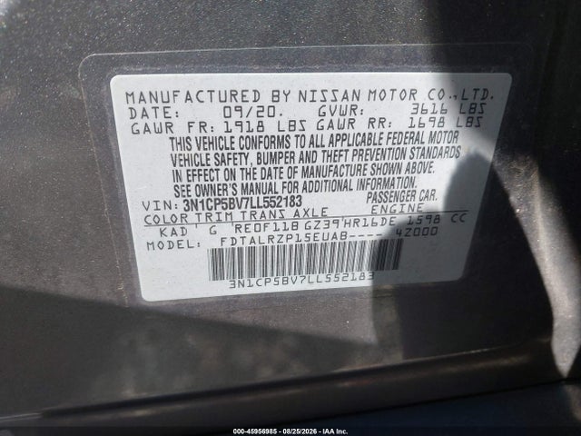 Aukcja sprzedaży 2020 Nissan Kicks S Xtronic Cvt, vin: 3N1CP5BV7LL552183, numer aukcji: 45956985