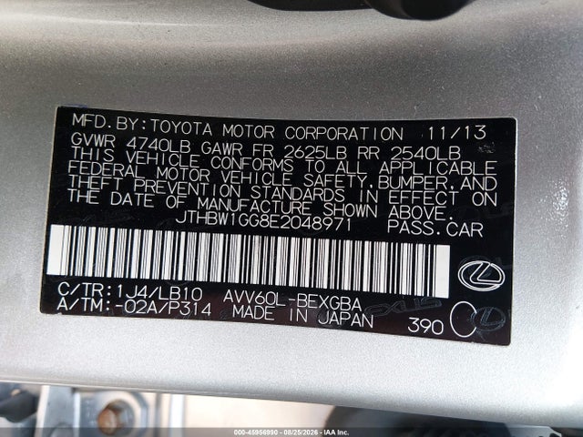 45956990 :رقم المزاد ، JTHBW1GG8E2048971 vin ، 2014 Lexus Es 300h مزاد بيع