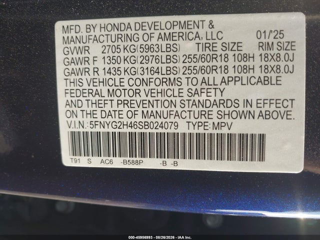 2025 Honda Pilot Ex-l მანქანა იყიდება აუქციონზე, vin: 5FNYG2H46SB024079, აუქციონის ნომერი: 45956993