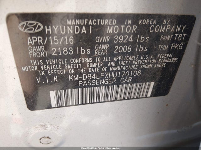 Auction sale of the 2017 Hyundai Elantra Se, vin: KMHD84LFXHU170108, lot number: 45956999