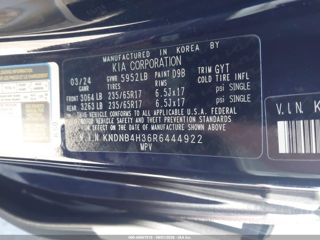 2024 Kia Carnival Mpv Lx Seat Package მანქანა იყიდება აუქციონზე, vin: KNDNB4H36R6444922, აუქციონის ნომერი: 45957018