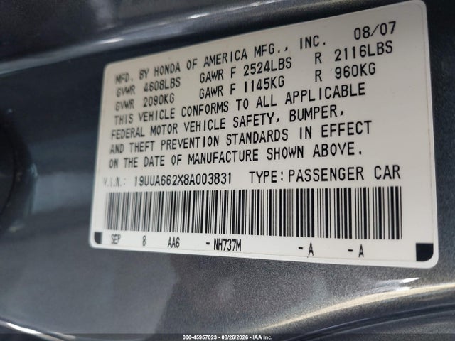 2008 Acura Tl 3.2 მანქანა იყიდება აუქციონზე, vin: 19UUA662X8A003831, აუქციონის ნომერი: 45957023
