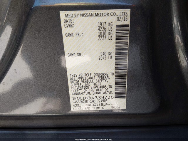 Продажа на аукционе авто 2016 Nissan Altima 2.5/2.5 S/2.5 Sl/2.5 Sr/2.5 Sv, vin: 1N4AL3AP2GN339726, номер лота: 45957025