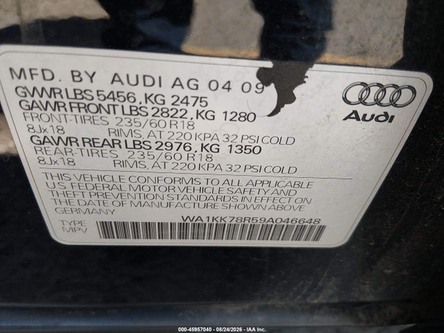 Продажа на аукционе авто 2009 Audi Q5 3.2 Premium, vin: WA1KK78R59A046648, номер лота: 45957040