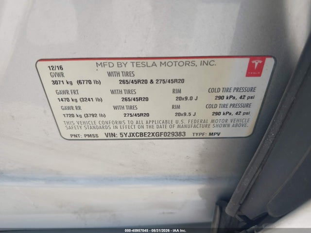 45957045 :رقم المزاد ، 5YJXCBE2XGF029383 vin ، 2016 Tesla Model X 60d/70d/75d/90d/p100d مزاد بيع
