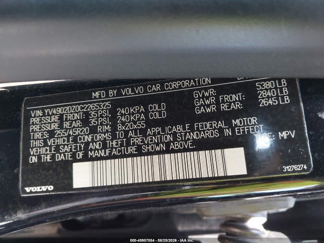 Aukcja sprzedaży 2012 Volvo Xc60, vin: YV4902DZ0C2265325, numer aukcji: 45957054