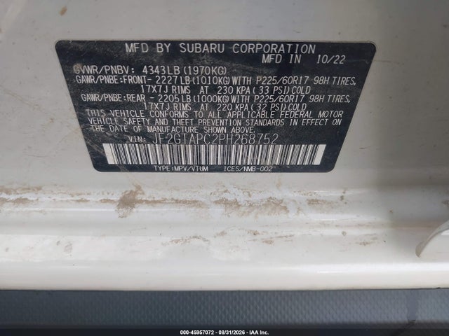 Продажа на аукционе авто 2023 Subaru Crosstrek Premium, vin: JF2GTAPC2PH268752, номер лота: 45957072