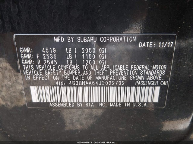 Aukcja sprzedaży 2018 Subaru Legacy 2.5i, vin: 4S3BNAA64J3022702, numer aukcji: 45957076