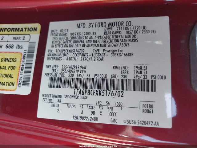 Aukcja sprzedaży 2019 Ford Mustang Gt, vin: 1FA6P8CFXK5176702, numer aukcji: 45957084