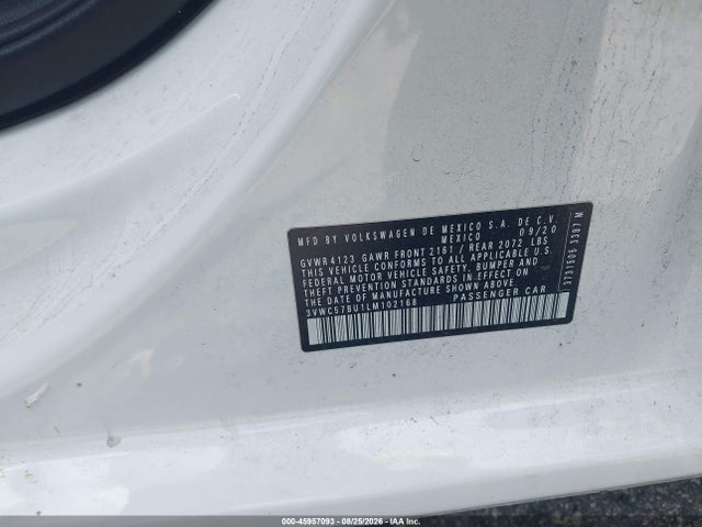 2020 Volkswagen Jetta 1.4t R-line/1.4t S/1.4t Se მანქანა იყიდება აუქციონზე, vin: 3VWC57BU1LM102168, აუქციონის ნომერი: 45957093