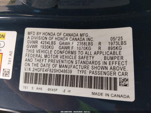 45957095 :رقم المزاد ، 2HGFE4F82SH348639 vin ، 2025 Honda Civic Hybrid Sport/sport Touring مزاد بيع