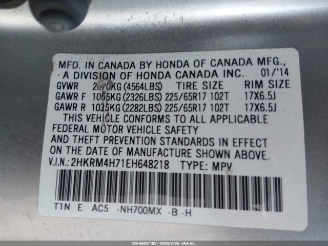 Продаж на аукціоні авто 2014 Honda Cr-v Ex-l, vin: 2HKRM4H71EH648218, номер лоту: 45957102