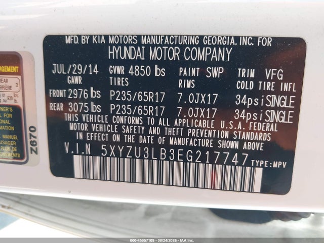 5XYZU3LB3EG217747 Hyundai Santa Fe Sport 2.4l