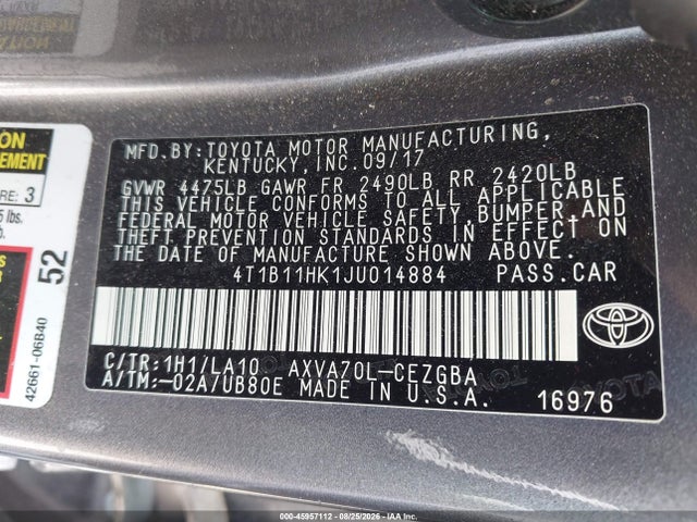 Aukcja sprzedaży 2018 Toyota Camry Xle, vin: 4T1B11HK1JU014884, numer aukcji: 45957112