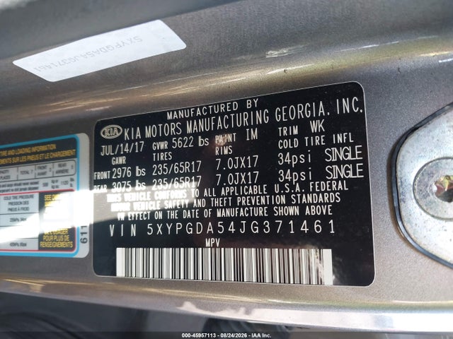 45957113 :رقم المزاد ، 5XYPGDA54JG371461 vin ، 2018 Kia Sorento 3.3l Lx مزاد بيع