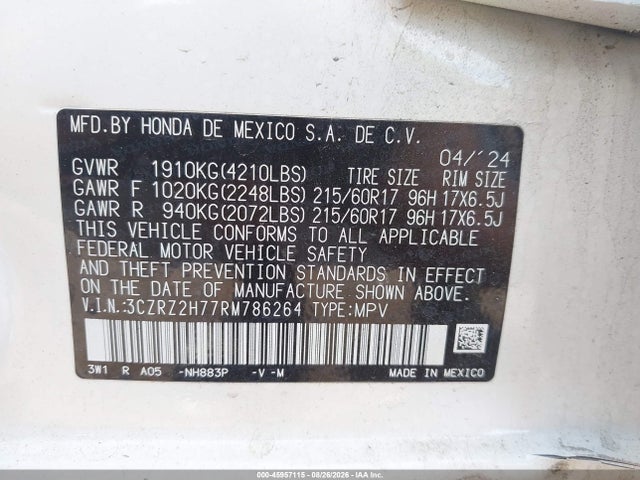 Aukcja sprzedaży 2024 Honda Hr-v Awd Ex-l/awd Ex-l W/o Bsi, vin: 3CZRZ2H77RM786264, numer aukcji: 45957115