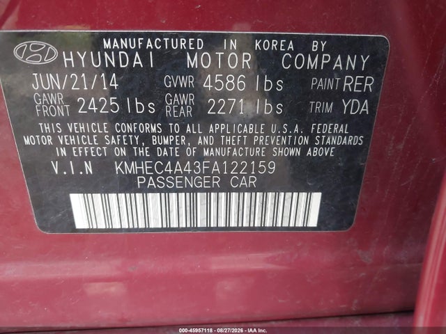 Продажа на аукционе авто 2015 Hyundai Sonata Hybrid Limited, vin: KMHEC4A43FA122159, номер лота: 45957118