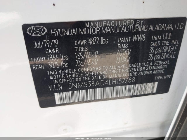 Продаж на аукціоні авто 2020 Hyundai Santa Fe Sel, vin: 5NMS33AD4LH152788, номер лоту: 45957135