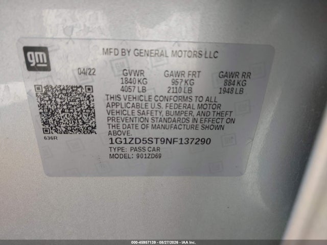 45957139 :رقم المزاد ، 1G1ZD5ST9NF137290 vin ، 2022 Chevrolet Malibu Fwd Lt مزاد بيع