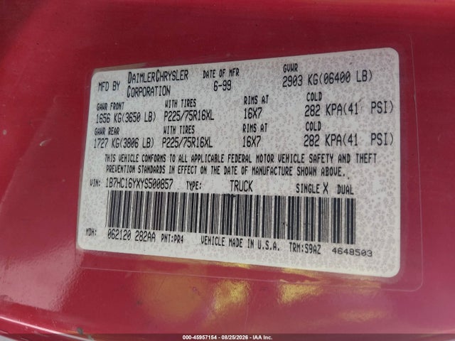 2000 Dodge Ram 1500 St მანქანა იყიდება აუქციონზე, vin: 1B7HC16YXYS500857, აუქციონის ნომერი: 45957154
