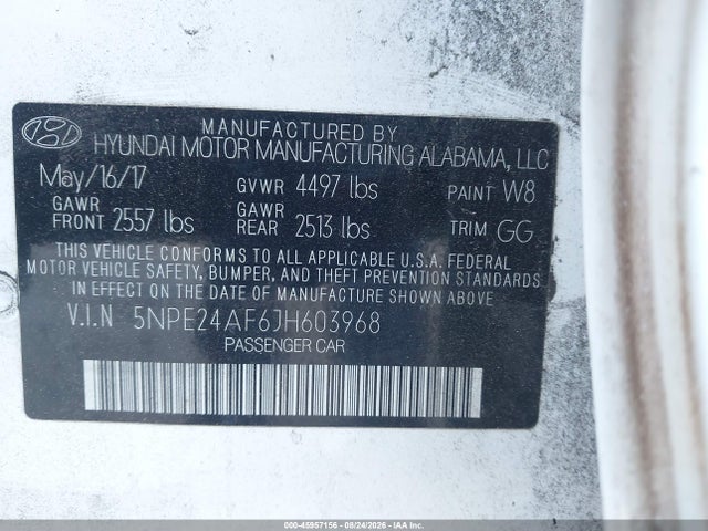 2018 Hyundai Sonata Se მანქანა იყიდება აუქციონზე, vin: 5NPE24AF6JH603968, აუქციონის ნომერი: 45957156