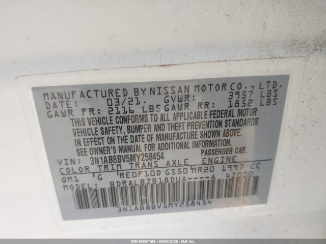 Продаж на аукціоні авто 2021 Nissan Sentra S Xtronic Cvt, vin: 3N1AB8BV5MY258454, номер лоту: 45957163