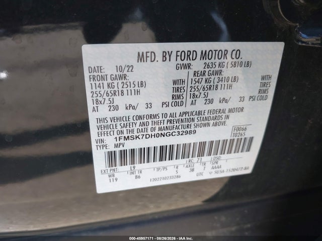 Ford EXPLORER XLT 2022 1FMSK7DH0NGC32989 Image 9