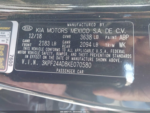 45957175 :رقم المزاد ، 3KPF24AD8KE070580 vin ، 2019 Kia Forte Fe/lx/lxs مزاد بيع
