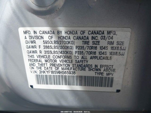 2004 Honda Pilot Ex-l მანქანა იყიდება აუქციონზე, vin: 2HKYF18514H565938, აუქციონის ნომერი: 45957182