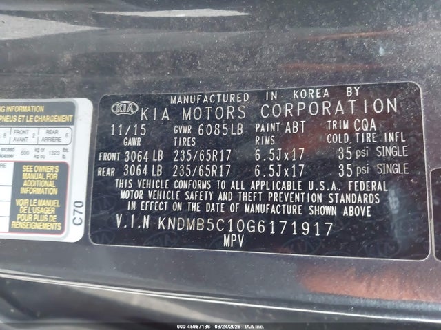 KIA SEDONA LX 2016 KNDMB5C10G6171917 Image 9