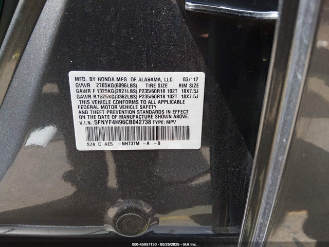 2012 Honda Pilot Touring მანქანა იყიდება აუქციონზე, vin: 5FNYF4H96CB042738, აუქციონის ნომერი: 45957190