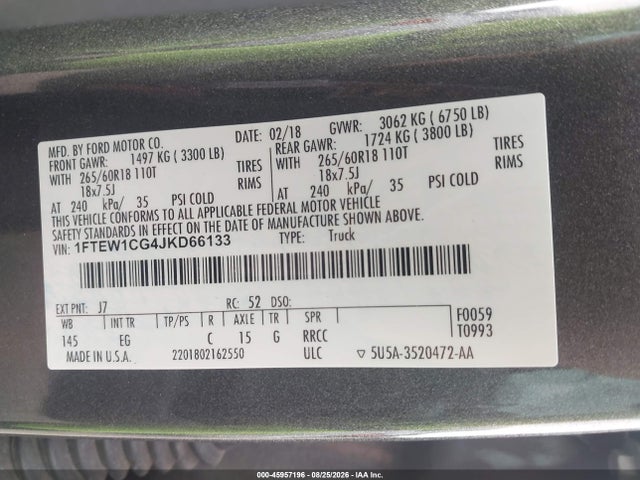 Aukcja sprzedaży 2018 Ford F-150 Lariat, vin: 1FTEW1CG4JKD66133, numer aukcji: 45957196