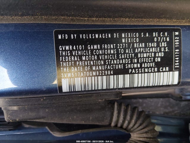 45957198 :رقم المزاد ، 3VW517AT0GM822984 vin ، 2016 Volkswagen Beetle 1.8t Sel مزاد بيع