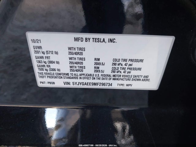 5YJYGAEE9MF296734 Tesla Model Y Long Range Dual Motor All-wheel Drive