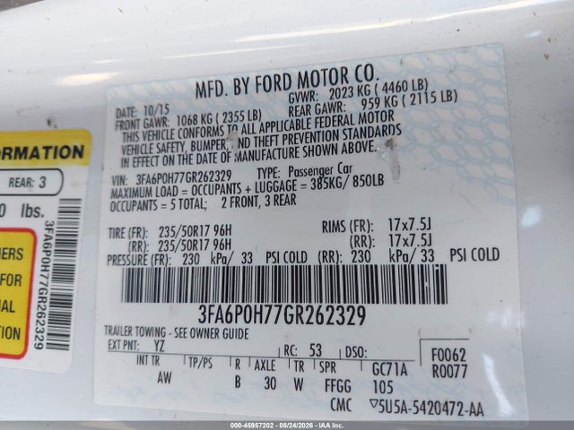 Ford FUSION SE 2016 3FA6P0H77GR262329 Image 9