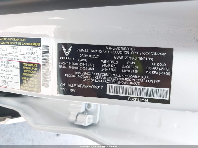 Продажа на аукционе авто 2024 Vinfast Vf 8 Plus, vin: RLLV1AFA9RH009017, номер лота: 45957208