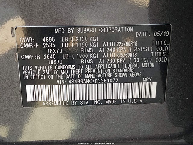 Subaru Outback 2.5i Limited 2019 4S4BSANC7K3361072 Image 9