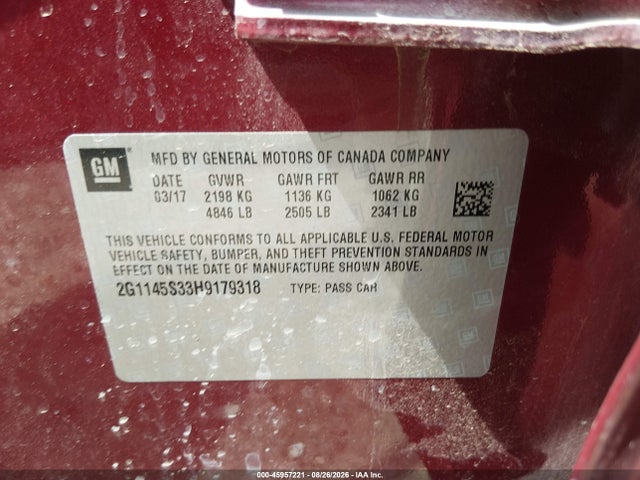 45957221 :رقم المزاد ، 2G1145S33H9179318 vin ، 2017 Chevrolet Impala 2lz مزاد بيع