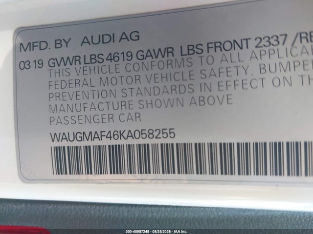 2019 Audi A4 40 Premium/40 Titanium Premium მანქანა იყიდება აუქციონზე, vin: WAUGMAF46KA058255, აუქციონის ნომერი: 45957248
