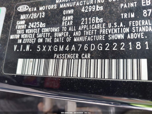 45957266 :رقم المزاد ، 5XXGM4A76DG222181 vin ، 2013 Kia Optima Lx مزاد بيع