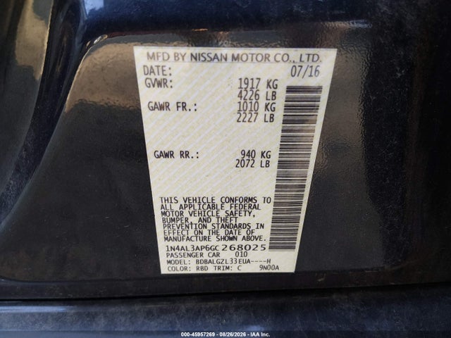 Продаж на аукціоні авто 2016 Nissan Altima 2.5 S, vin: 1N4AL3AP6GC268025, номер лоту: 45957269