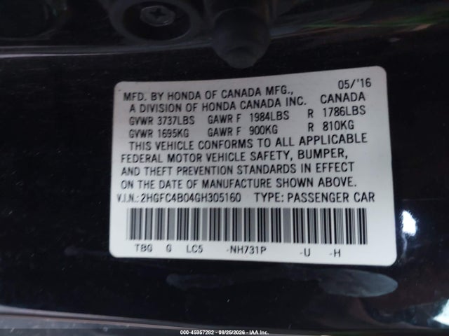 Honda Civic Lx-p 2016 2HGFC4B04GH305160 Image 9