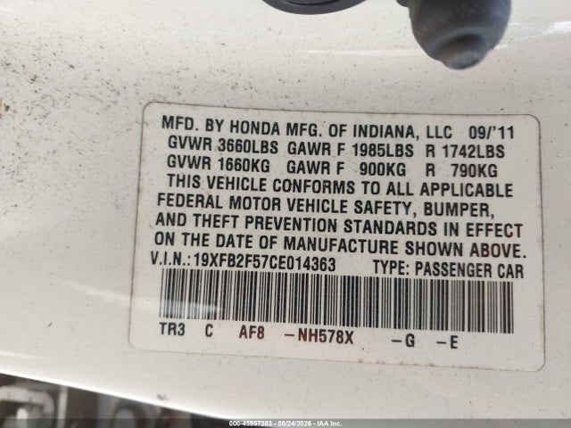 Продажа на аукционе авто 2012 Honda Civic Lx, vin: 19XFB2F57CE014363, номер лота: 45957283