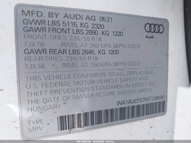 Продажа на аукционе авто 2021 Audi Q3 Premium 40 Tfsi Quattro Tiptronic, vin: WA1AUCF37M1138690, номер лота: 45957284