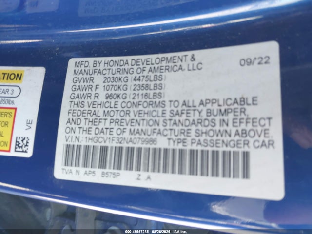 Продаж на аукціоні авто 2022 Honda Accord Sport, vin: 1HGCV1F32NA079986, номер лоту: 45957285