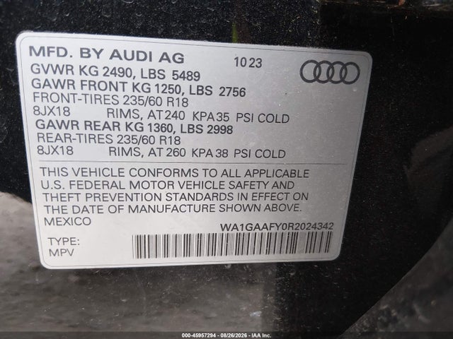 45957294 :رقم المزاد ، WA1GAAFY0R2024342 vin ، 2024 Audi Q5 Premium 45 Tfsi S Line Quattro مزاد بيع