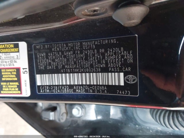 Aukcja sprzedaży 2019 Toyota Camry Le, vin: 4T1B11HK2KU802638, numer aukcji: 45957303