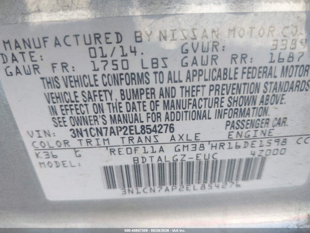 Nissan Versa 1.6 Sl 2014 3N1CN7AP2EL854276 Image 9