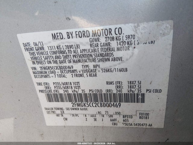 Продаж на аукціоні авто 2012 Ford Flex Sel, vin: 2FMGK5CC2CBD00469, номер лоту: 45957322