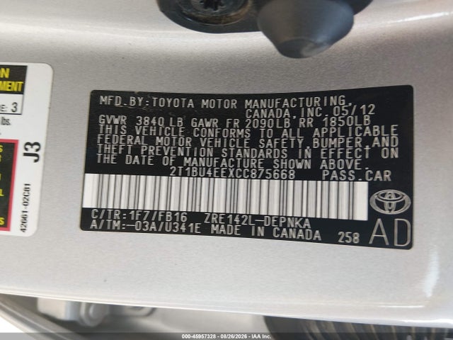 Aukcja sprzedaży 2012 Toyota Corolla Le, vin: 2T1BU4EEXCC875668, numer aukcji: 45957328